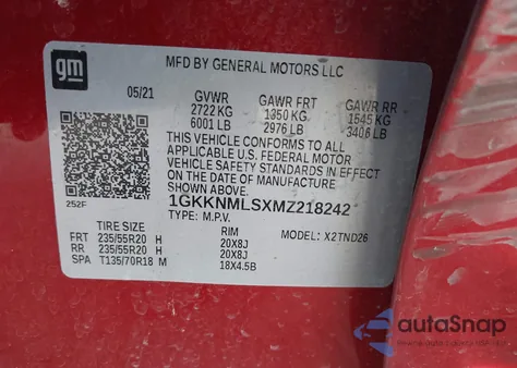 2021 GMC Acadia Fwd Slt z USA, uszkodzony, nr VIN 1GKKNMLSXMZ218242